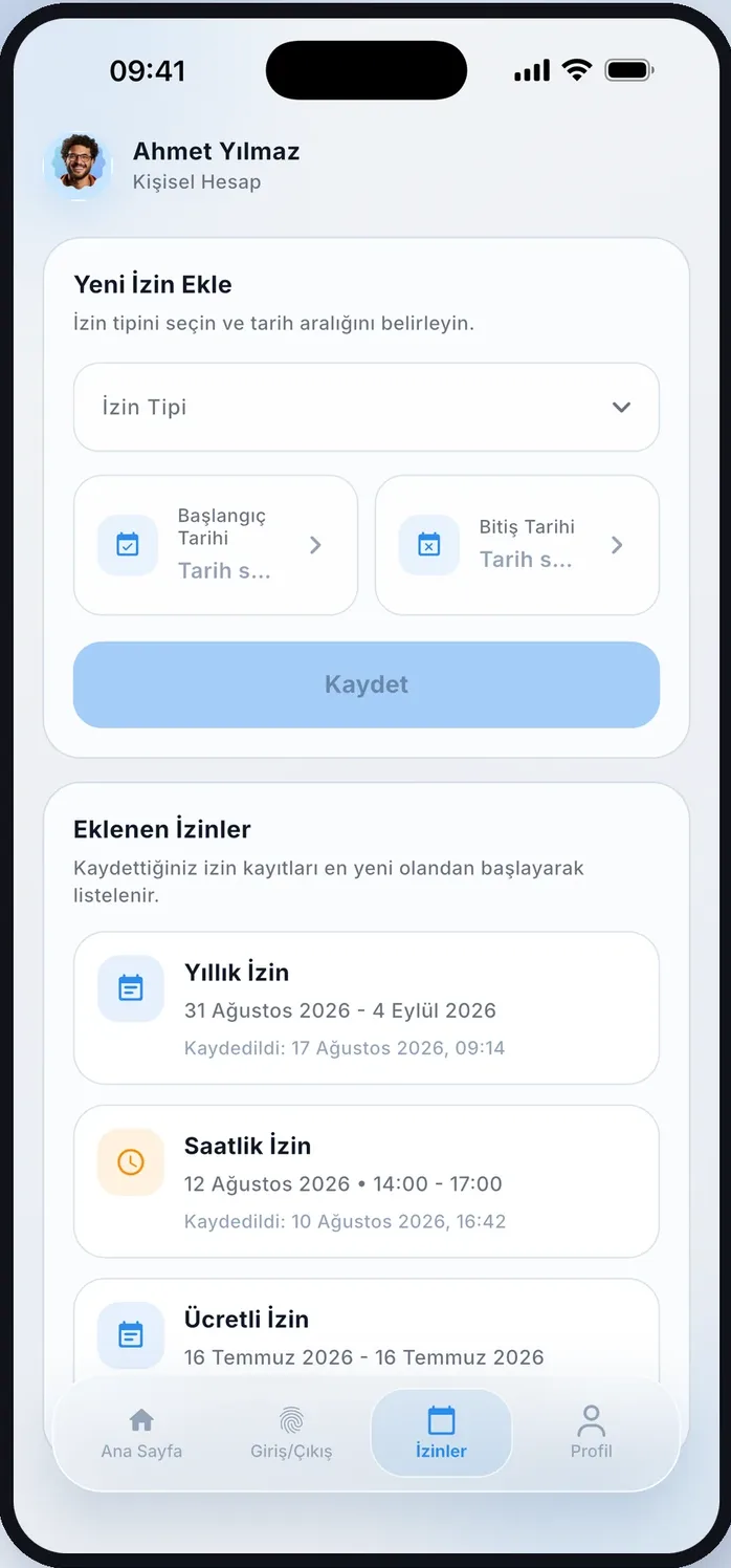 PDKS Pro mobil uygulamasında yeni izin ekleme ekranı